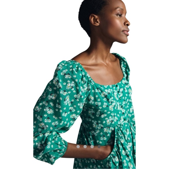 Anthropologie Puff Sleeve Button Front Ruched Green Floral Mini Dress Small - Picture 3 of 10